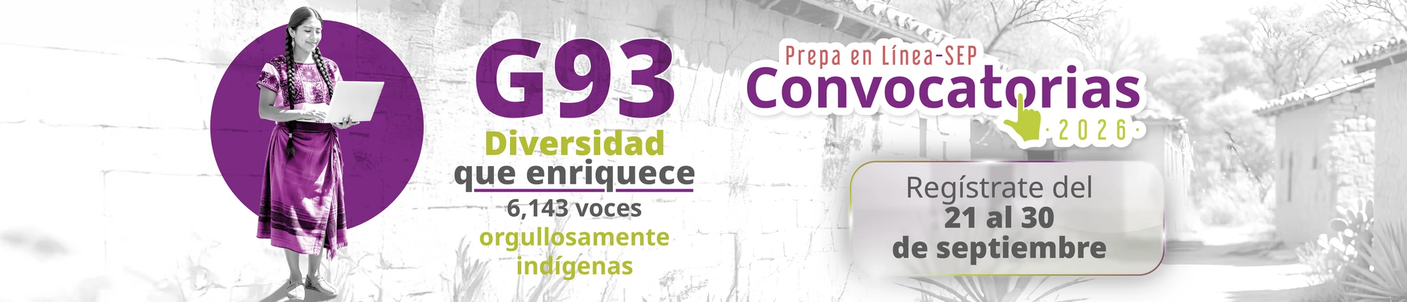 Banner oficial de la convocatoria G93 de Prepa en Línea-SEP: registro del 21 al 30 de septiembre de 2026.